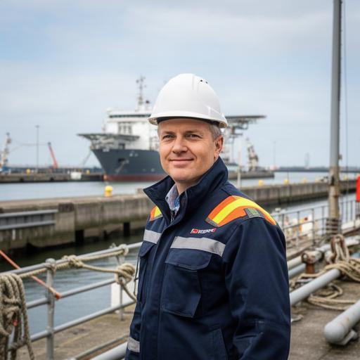 Consultant met helm bezoekt een offshorekade in Den Helder