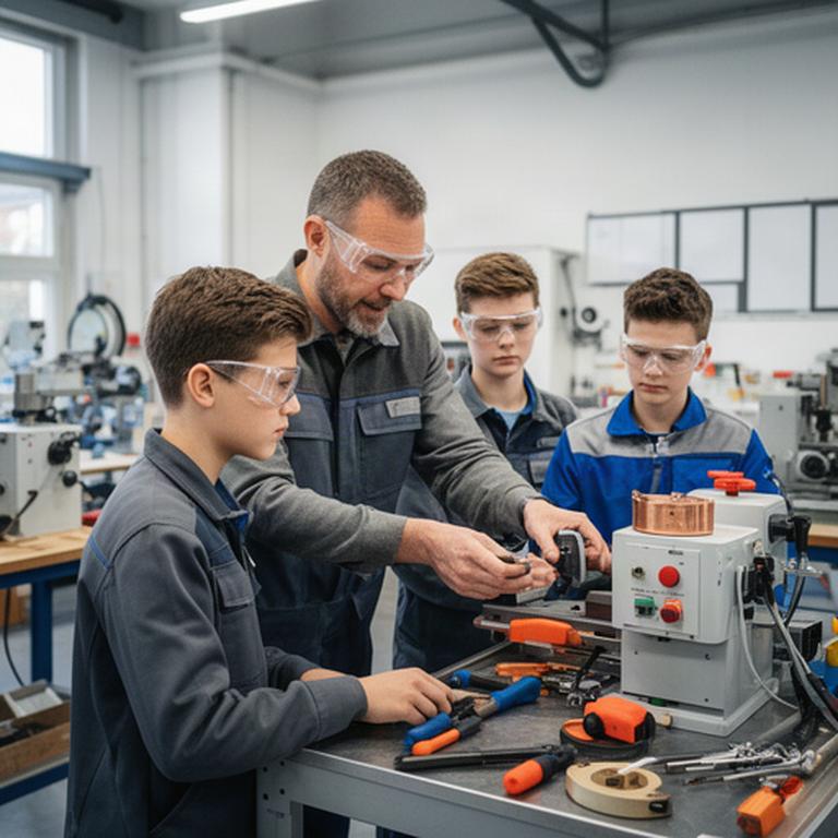 Jonge technici tijdens een praktijkles met begeleiding in een werkplaats in Noord-Holland