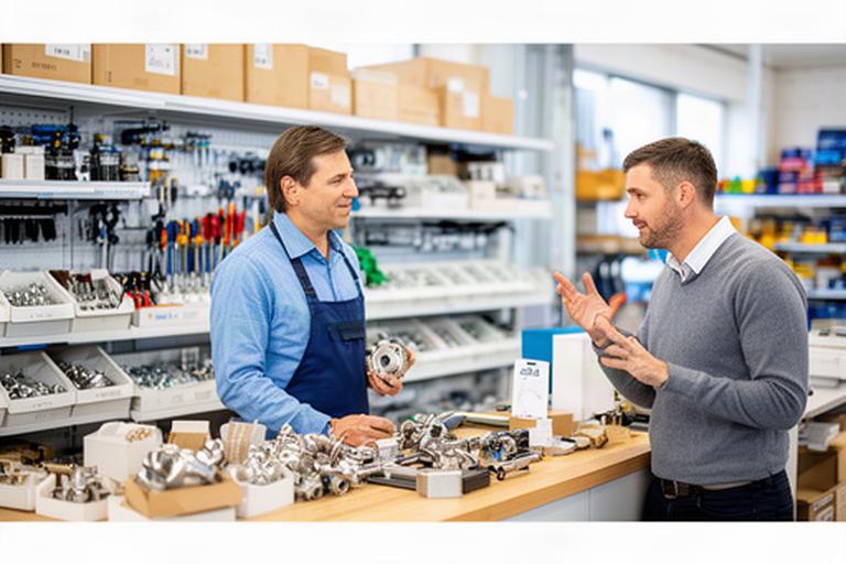 Medewerker bespreekt onderdelen met een klant in een overzichtelijke technische groothandel